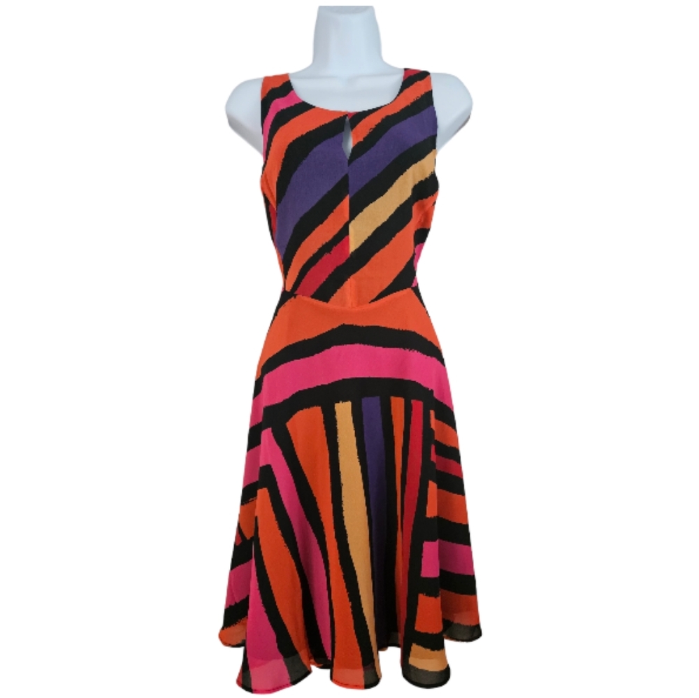 NWOT CAbi pink orange purple & black color block fete dress Womens Small - Picture 6 of 8